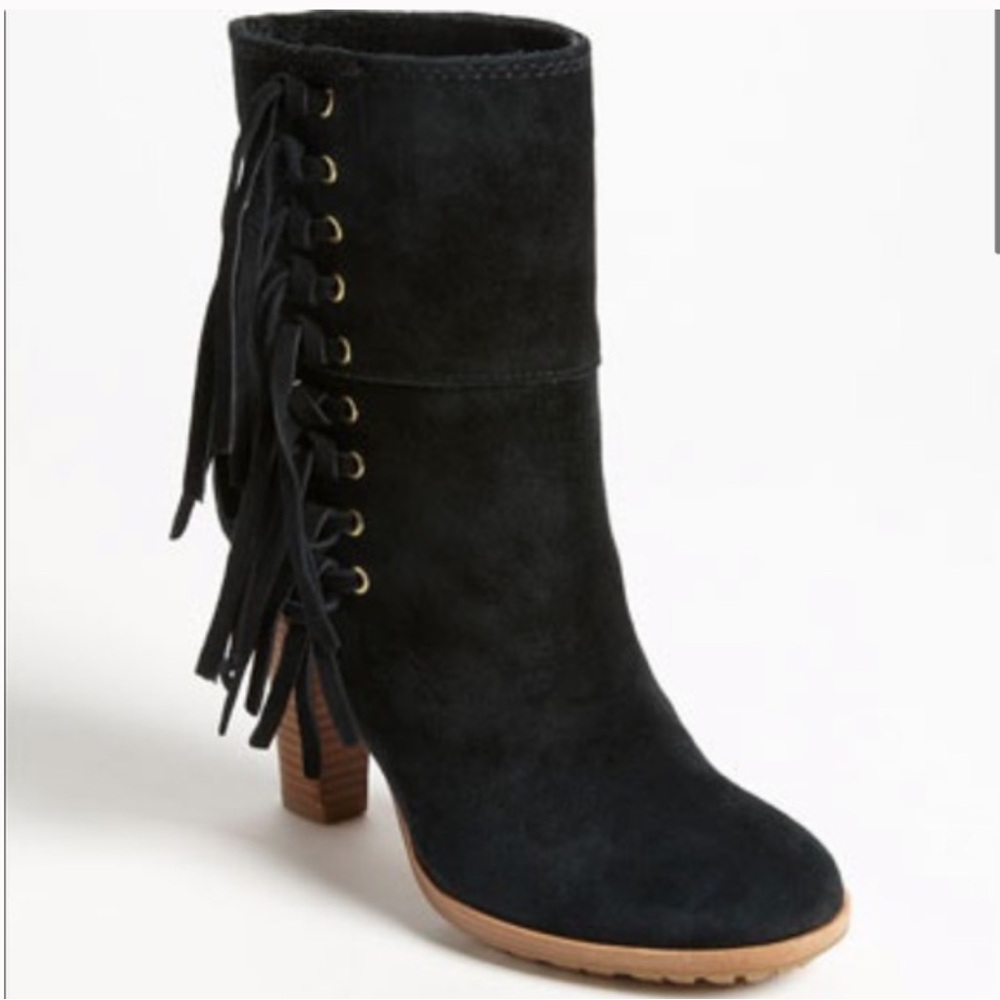 Fringe Ankle‎ Boots COACH Tamsin Black Suede Booties Heel 7.5